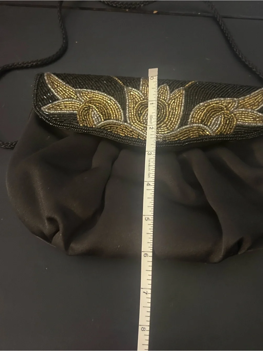 Vintage Black Satin Beaded Evening Clutch Floral Gold Silver Shoulder Purse